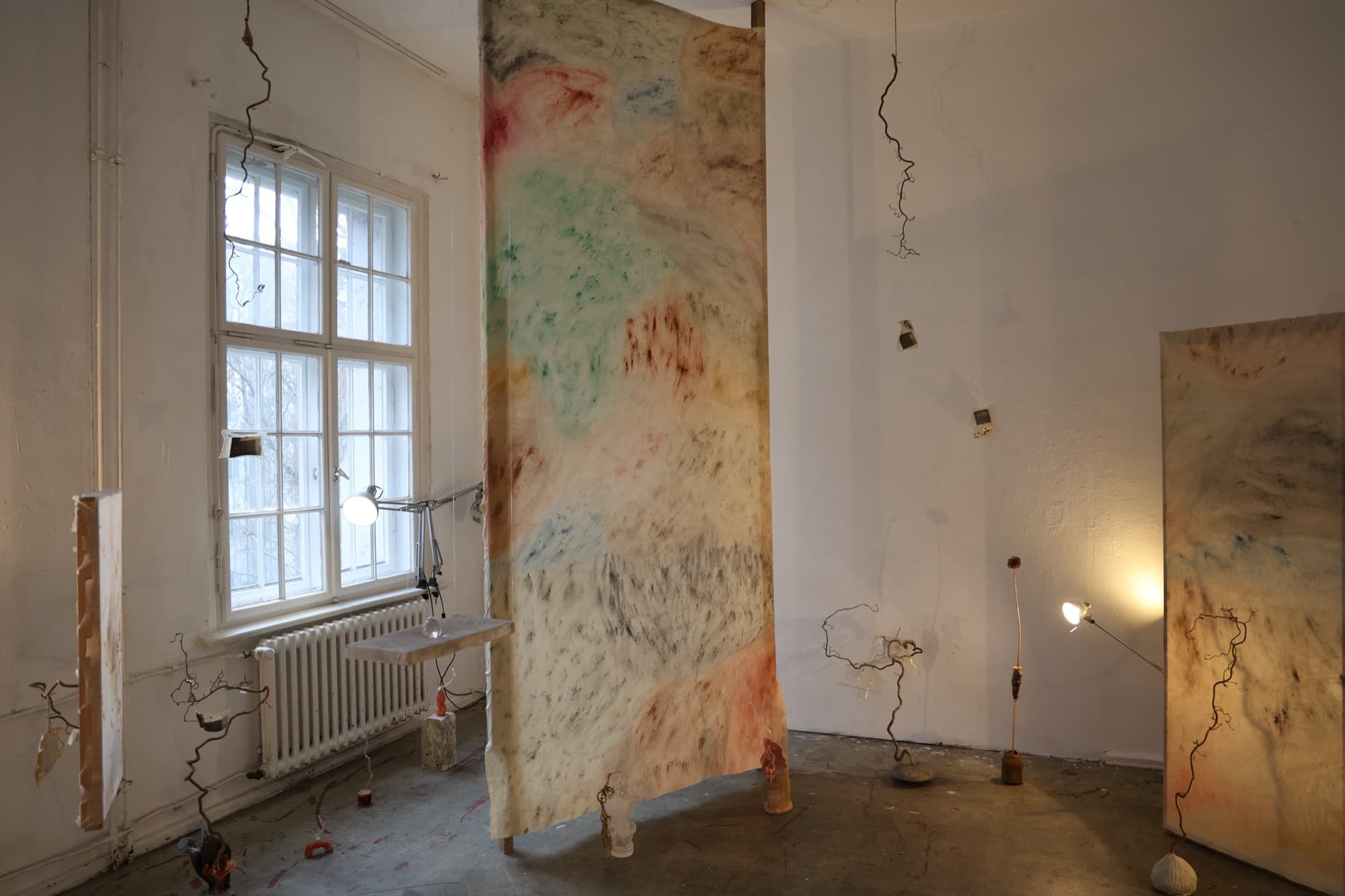 Ordinary Daring III — Glass, plant, clay, wax, natural pigment and rabbit skin glue on canvas, analog photo prints in bioplastic sheet, tree branch — Jay Lee