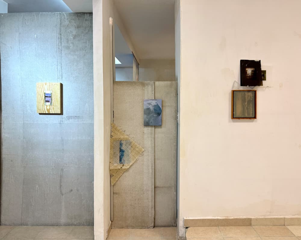 Solo Exhibition MNEMOSIS Installation Wall II — Photo transfer on fabric, encaustic with natural pigment (malachite), chemigrams, lumen prints, Collodio-chloride prints on metal, glass sculptures, negatives — Jay Lee